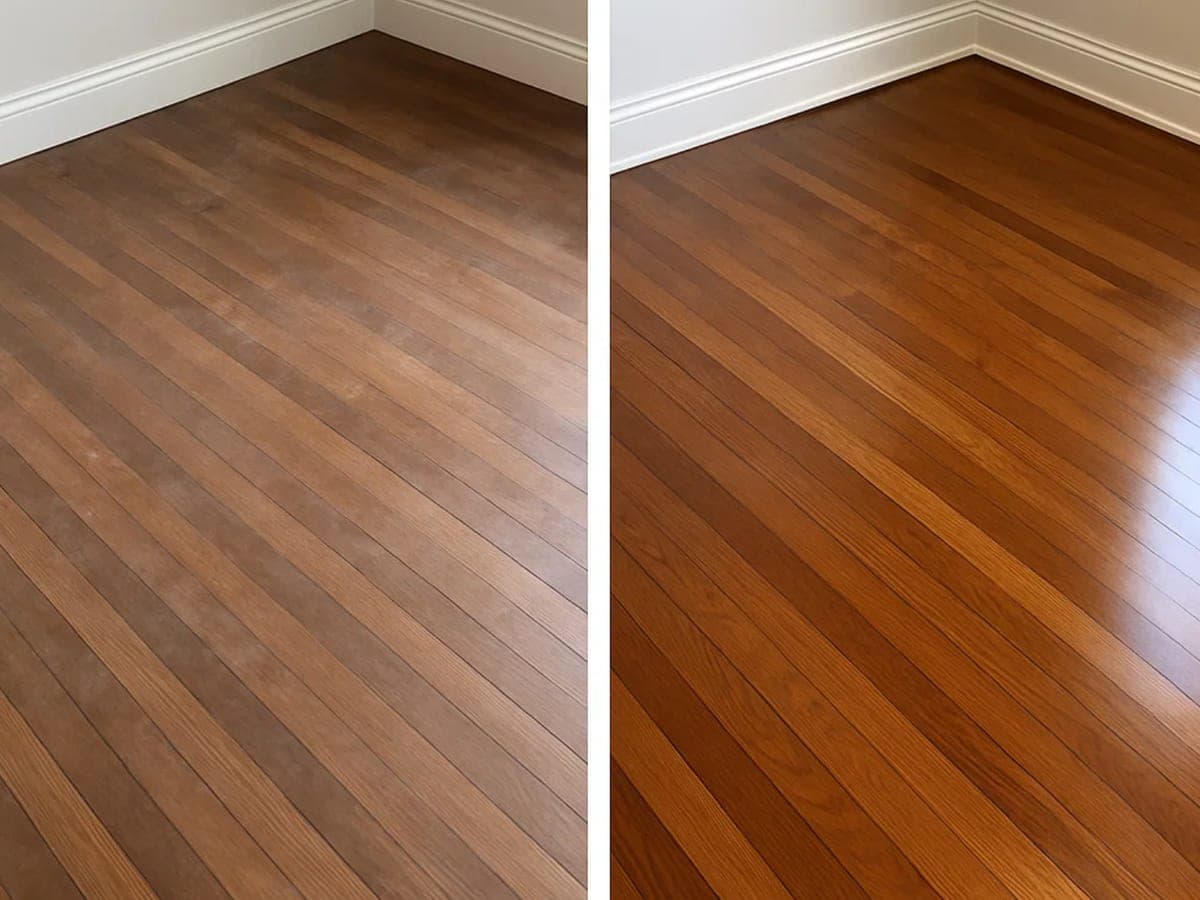 The same room corner before and after cleaning: flat, greyed boards on the left and warm, even grain on the right