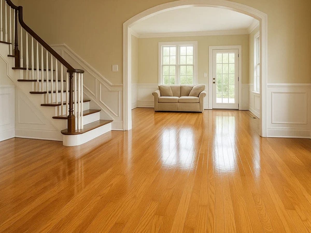 Entry hall and staircase over honey oak flooring with an intact finish reflecting daylight