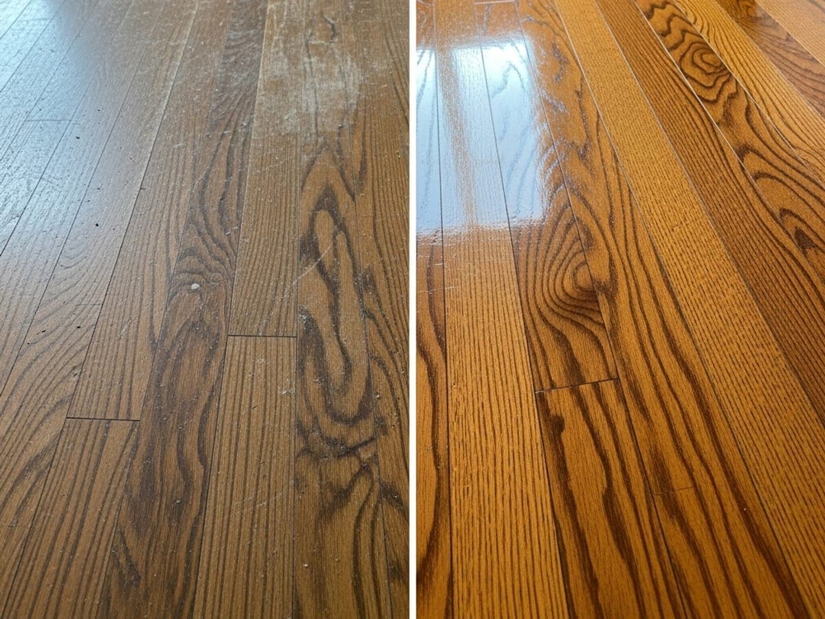 Close-up of an oak floor split down the middle, hazy grey film on the left and clear amber grain on the right after cleaning