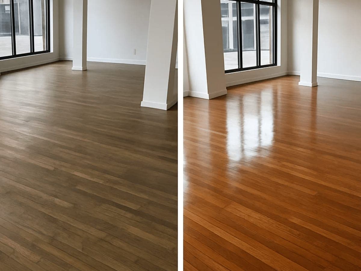 Open commercial suite with floor-to-ceiling windows shown before and after its hardwood was cleaned