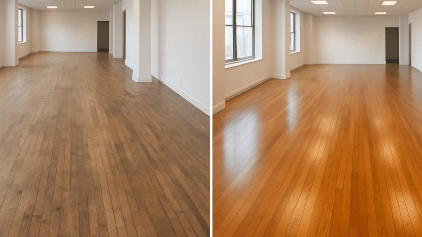 A long hallway photographed before and after cleaning, grey and flat on the left and warm and reflective on the right