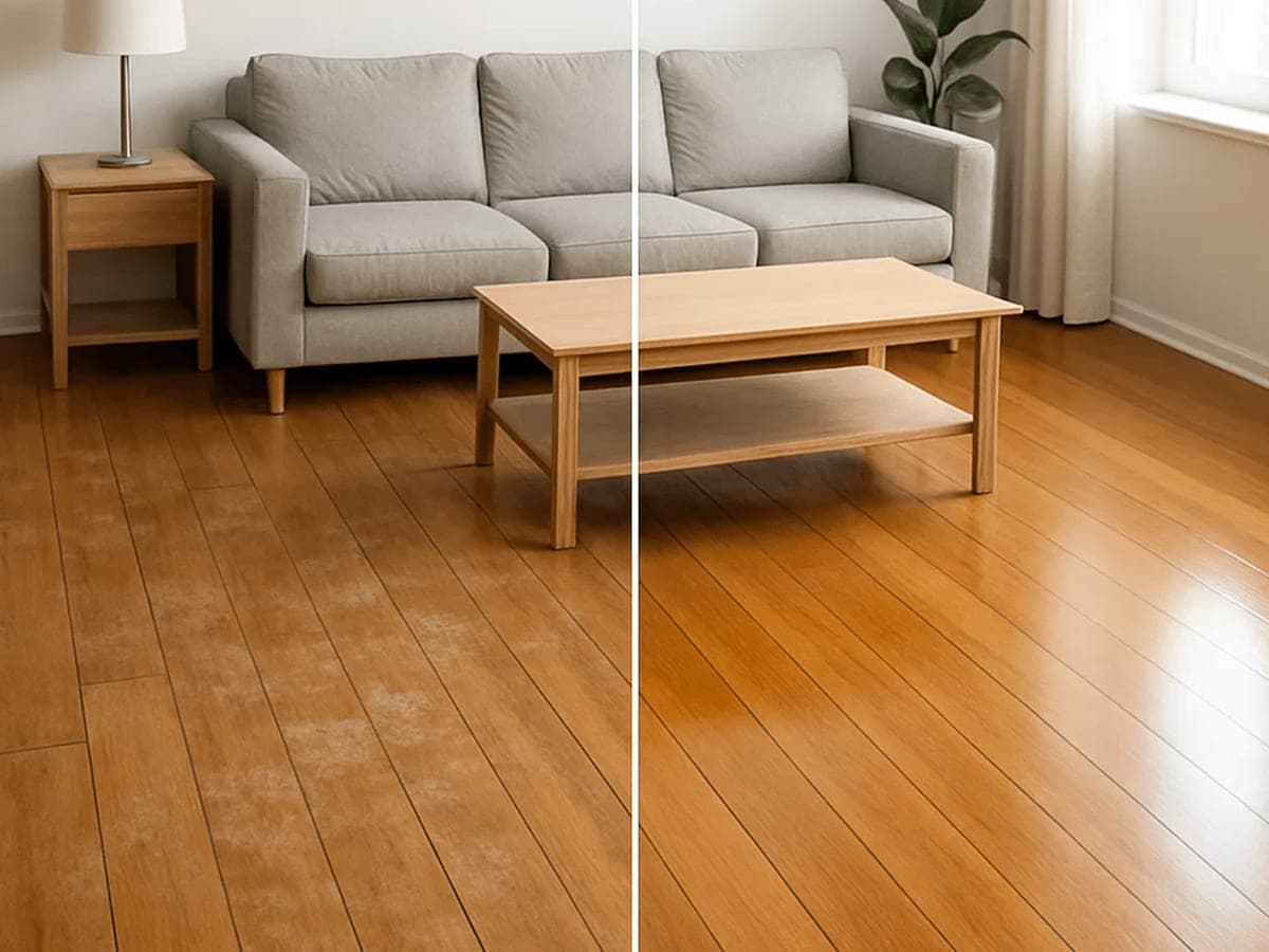 Living room floor shown before and after cleaning, flat and lifeless on the left and reflecting window light on the right