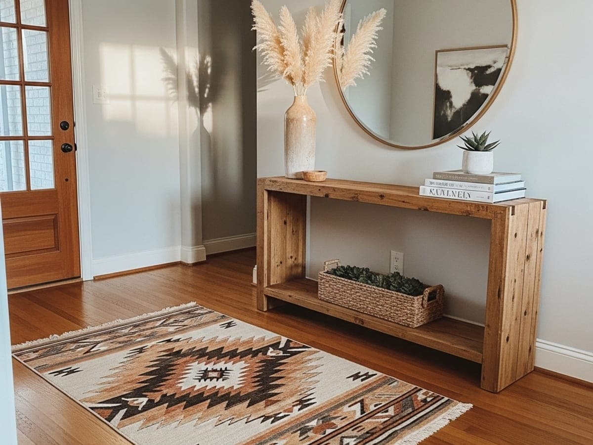 Front entryway with a console table and patterned rug over warm hardwood, the first stretch of floor grit reaches