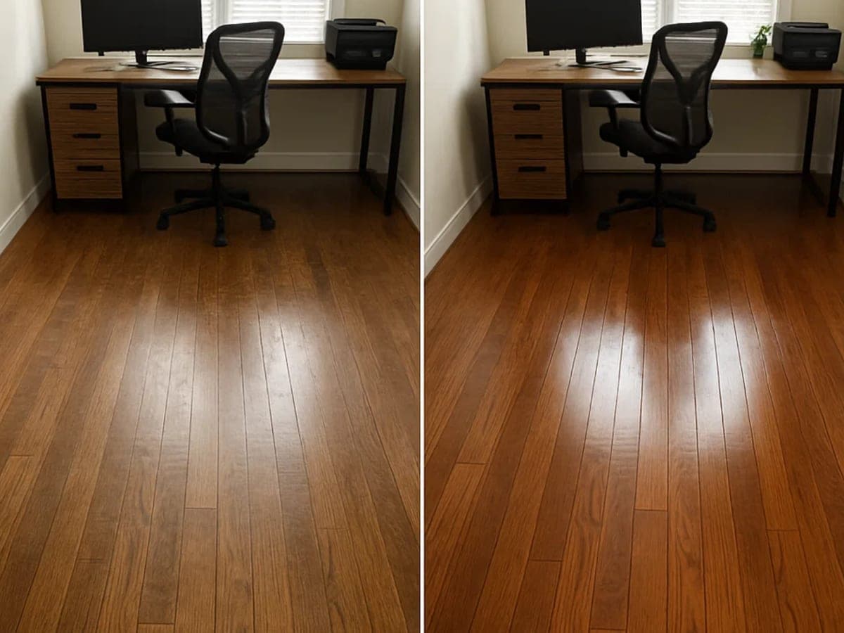 A workstation area photographed before and after cleaning, the boards flat on the left and reflecting light on the right