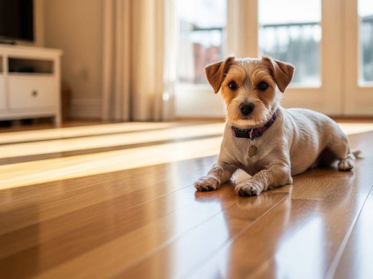 Small terrier lying on a sunlit hardwood floor in a living room