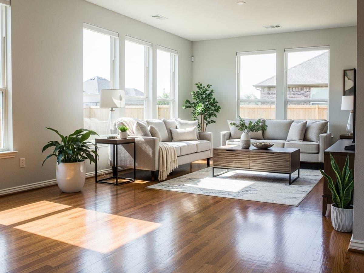 Sunlit living room with freshly cleaned hardwood floors reflecting the windows