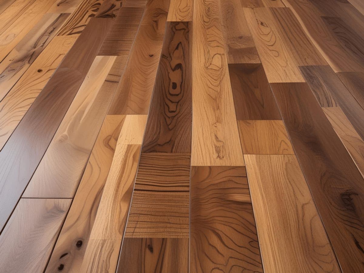 Tight overhead view of mixed-tone hardwood planks showing the surface layer where scuffs and shoe marks collect