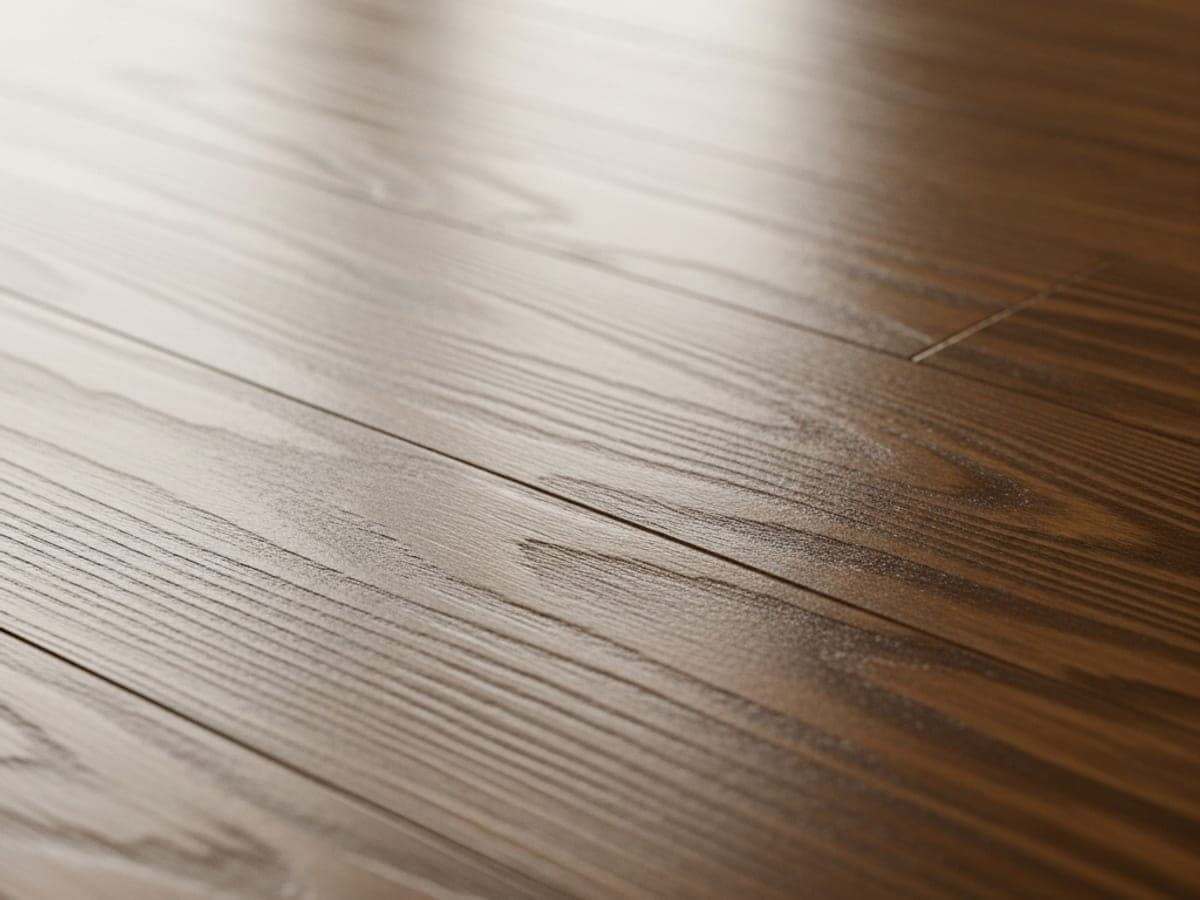 Macro view of a dark wood plank showing pale cloudy marks where moisture sat in the finish